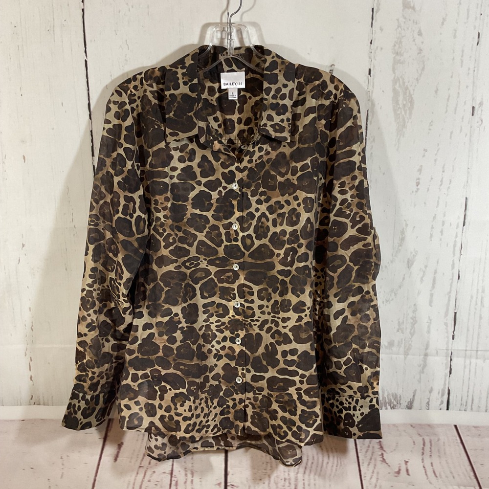 Bailey 44 Womens Brown Leopard Print Sheer Lyocell Button Down Blouse Size Large